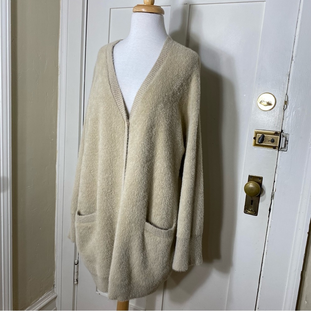 Beige Tan Neutral Oversized Long Heavy Button Front Cardigan with Pockets S